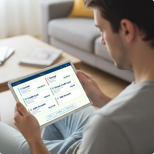Young male looking at a tablet computer conducting banking transactions.
