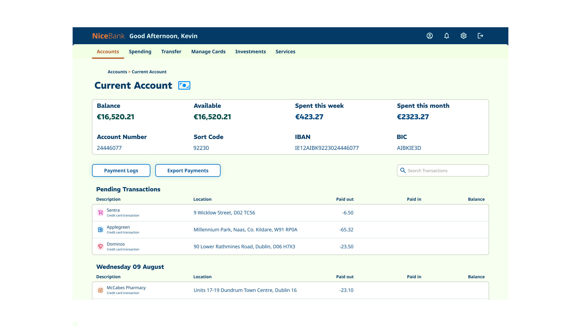 Desktop account details screen