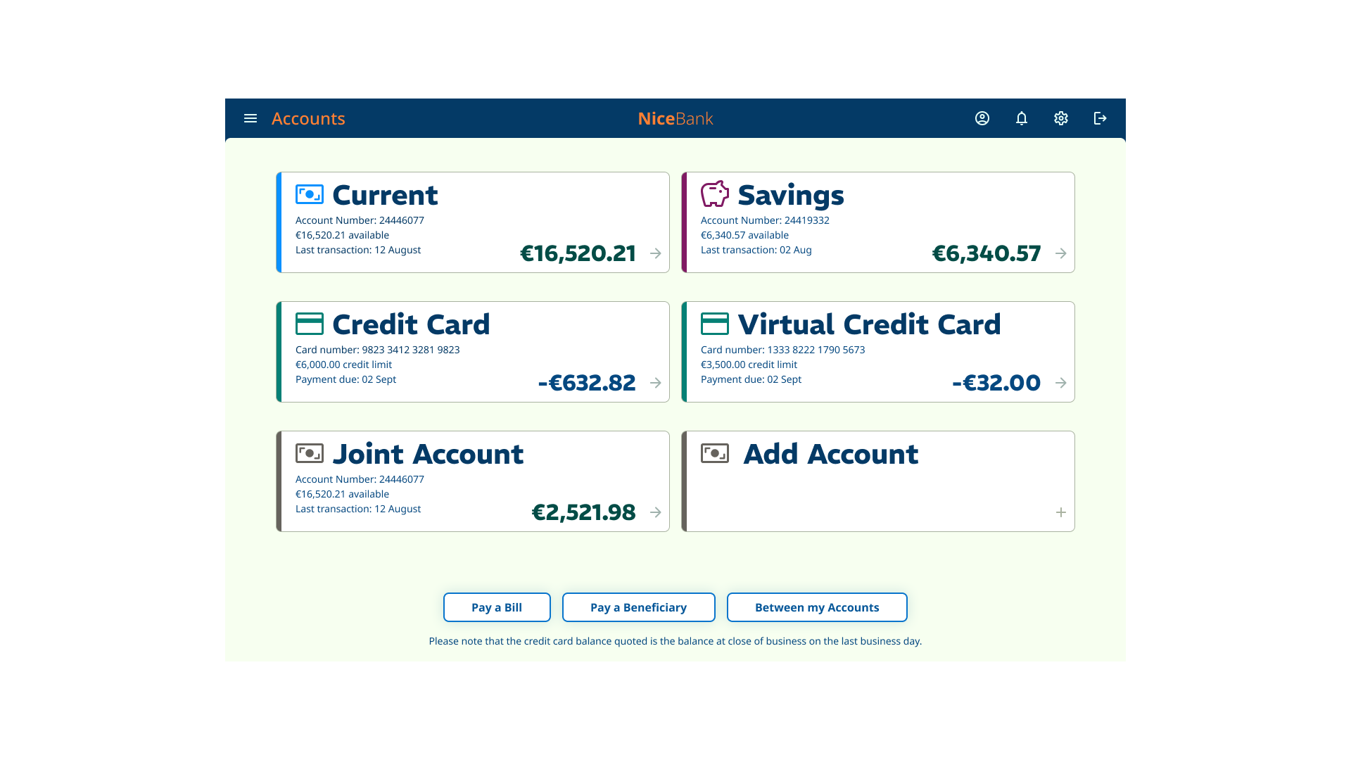 Tablet account screen