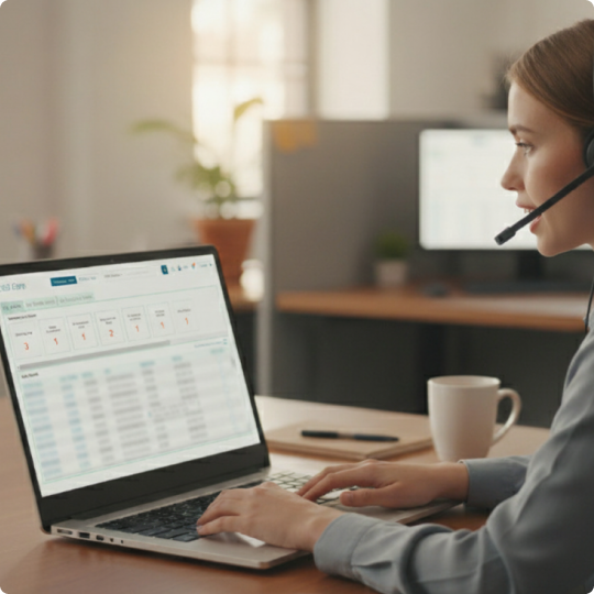Young woman working at a laptop looking at C360 Care alerts screen.