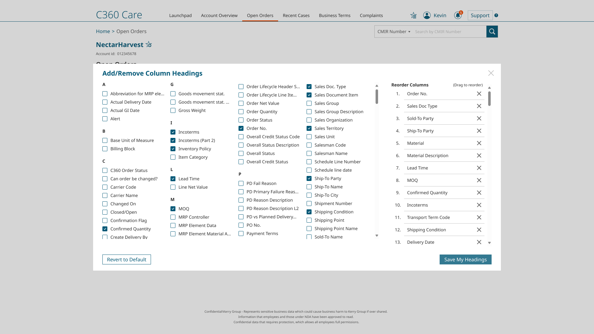 Add/remove column headings