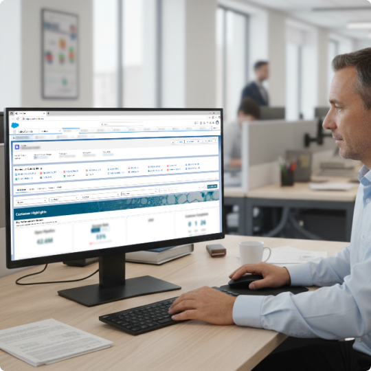 Male working at PC looking at C360 Sales dashboard.