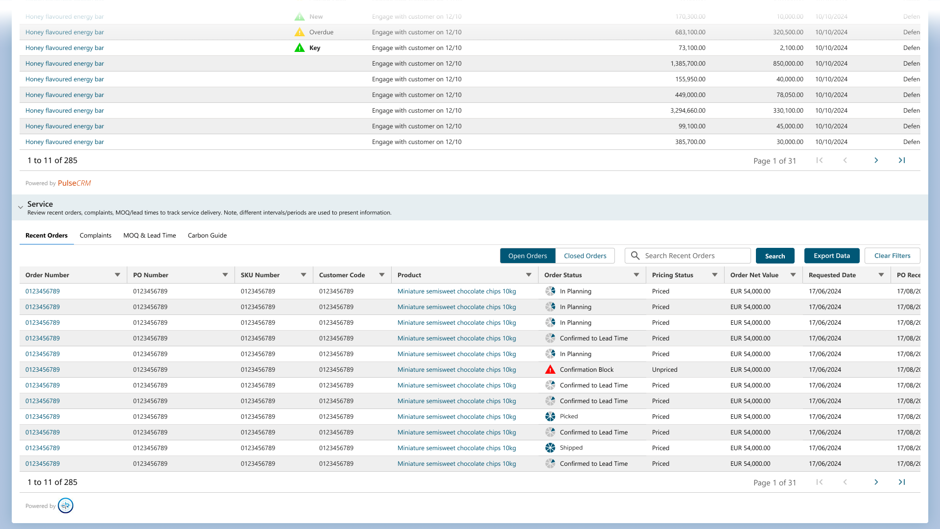 Recent Account activity - lower section