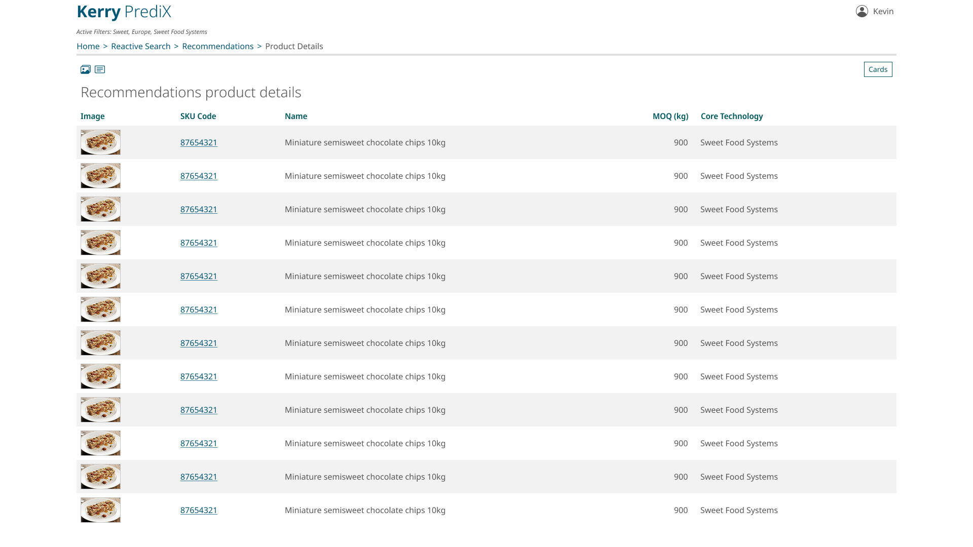 SKU recommendations - list view